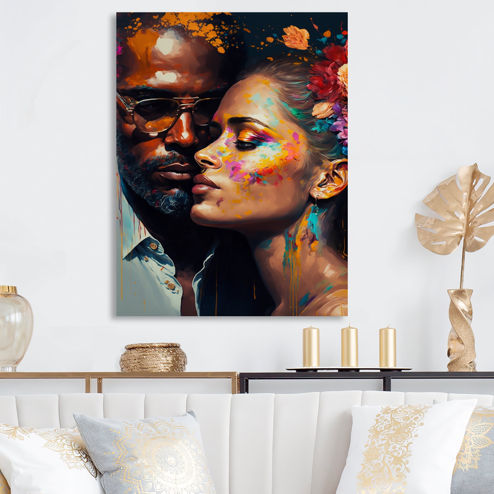 Designart Loving Couple Kissing Floral Design IV Canvas Wall Art