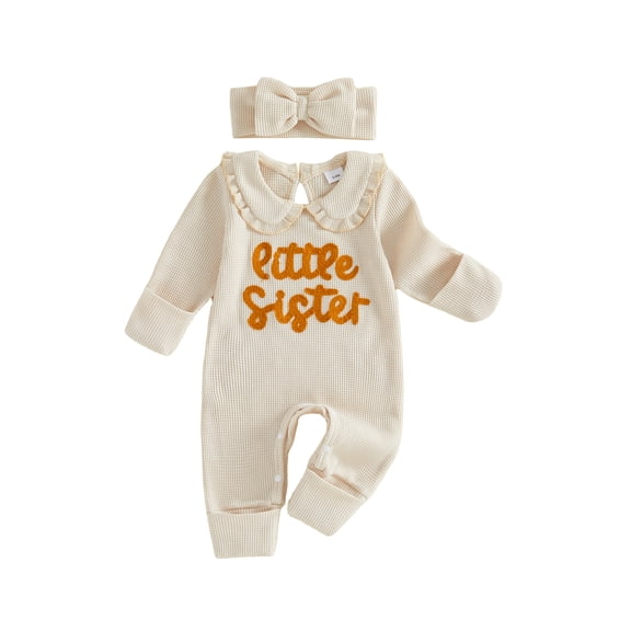 Cjfdfy Preemie Newborn Baby Girl Fall Outfit, Long Sleeve Little Sister Embroidered Letter Collar Jumpsuit Headwear 2-piece Set Cute Knit Jumpsuit Coming Home Fall Winter Outfit
