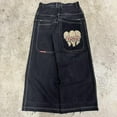 thumbnail image 1 of Ropa de calle Vintage de los años 90, pantalones vaqueros JNCO con ala grande bordada en negro, pantalones vaqueros holgados para mujer Y2K, nuevos pantalones anchos góticos Harajuku hip-hop, 1 of 5