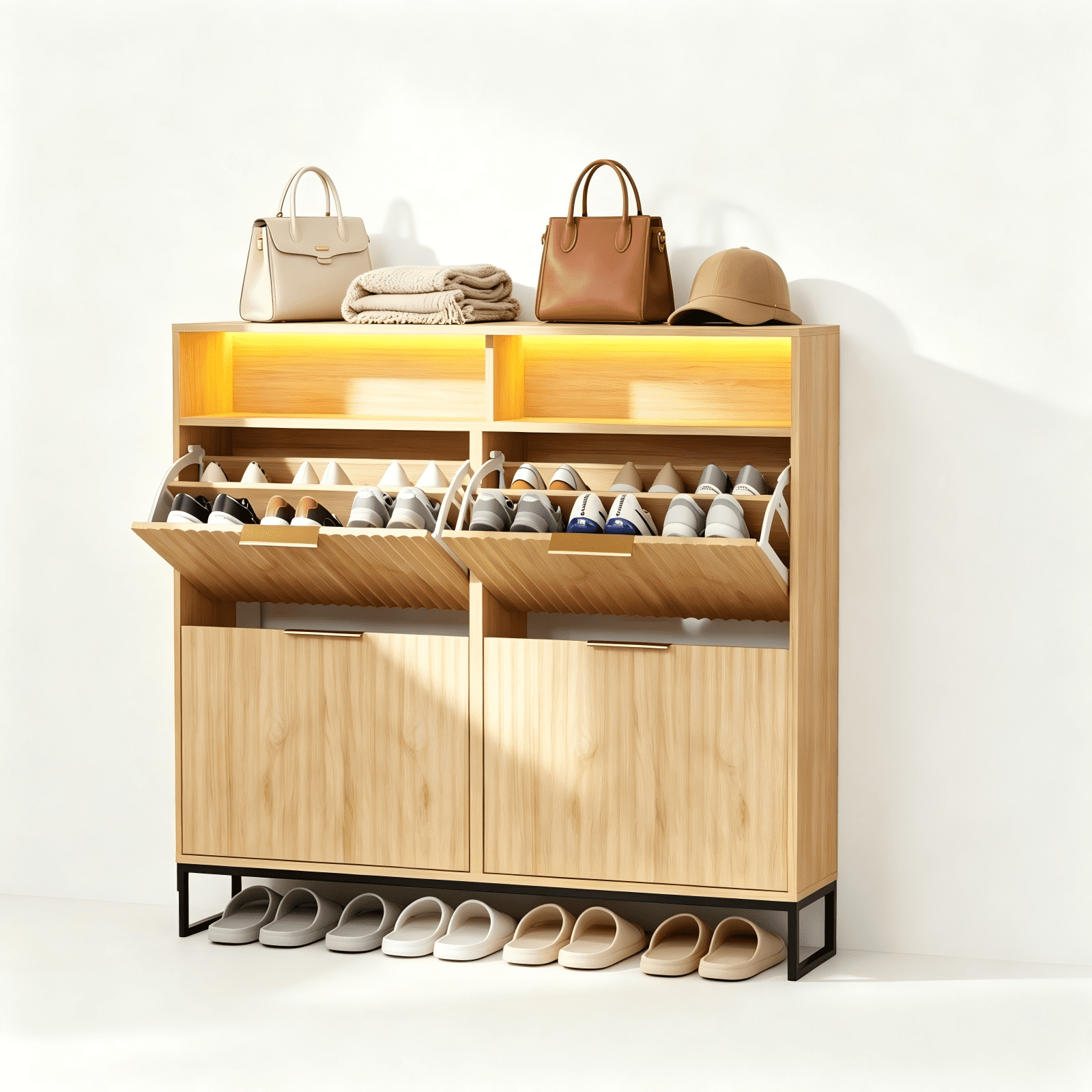 4 Flip-Top Drawer Shoe Cabinet with LED Lighting and Iron Legs