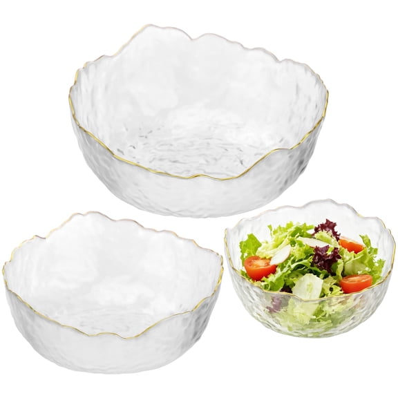 3 Piece Gold Rimmed Glass Bowls Set, Transparent Hammered Glass Kitchen Bowls, Stackable Salad Bowl for Soup Fruit Dessert Pasta Curry Popcorn