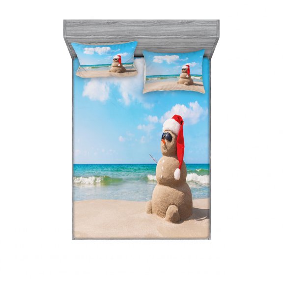 Christmas Bedding Set with Sheet & Covers, Sandman with Santa Hat Sunbath Foreground of Puffy Clouds Relax Tranquil Scene, Printed Bedroom Decor 2 Shams, 4 Sizes, Blue Cream, by Ambesonne