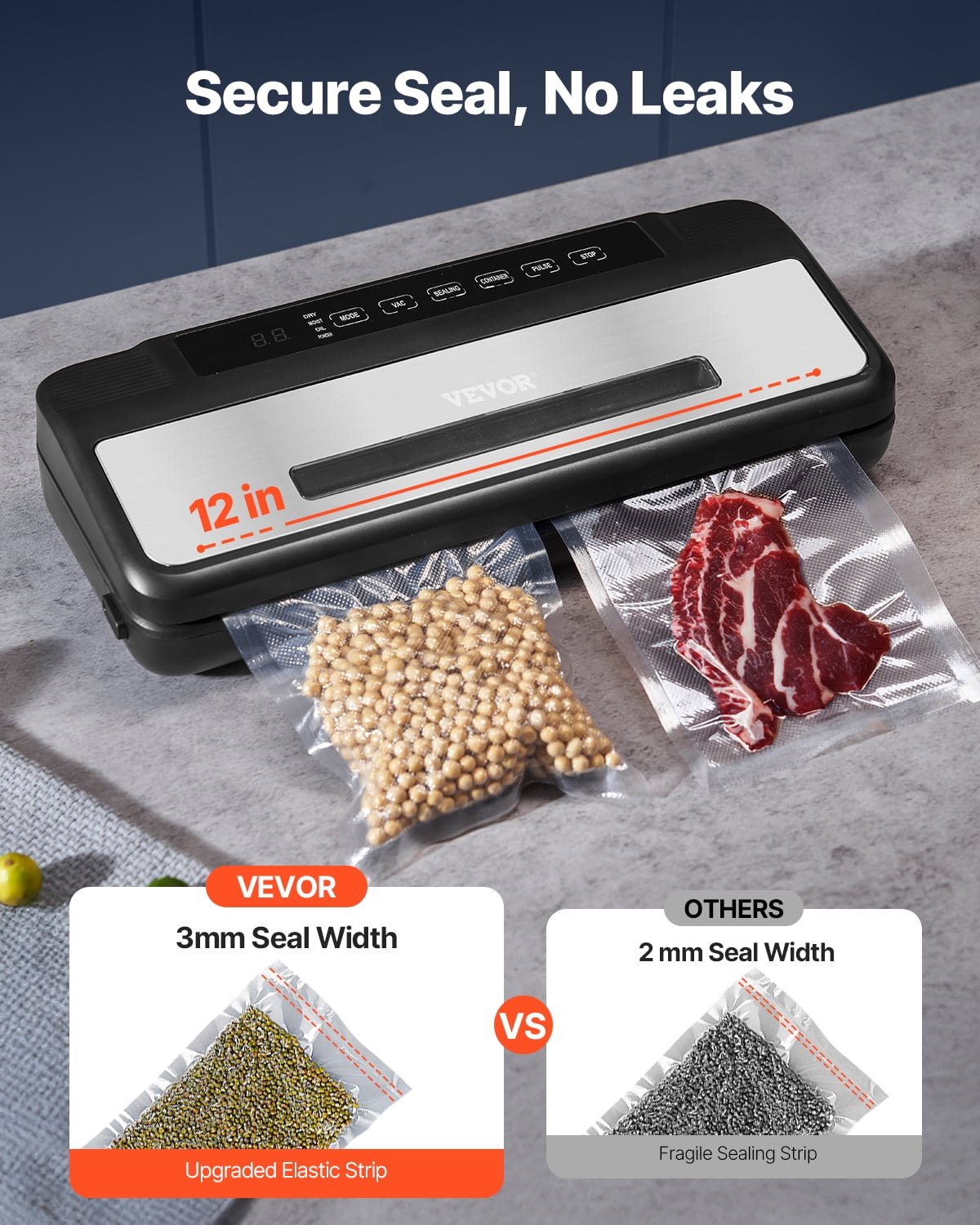 VEVOR Vacuum Sealer Machine, 80Kpa 120W Powerful Compact Food Sealer, 7-in-1 Multi-Functional Food Vacuum Sealer, Automatic Air Sealing System with Built-in Cutter with 10 Vacuum Bags & 1 Bag Roll