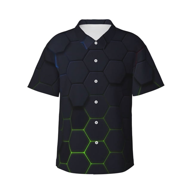 Fotbe Modern Hexagonal Neon Grid Camisa Hawaiana para Hombre Unisex – Camisa Casual de Verano con Botones de Manga Corta de Algodón y Lino,Small