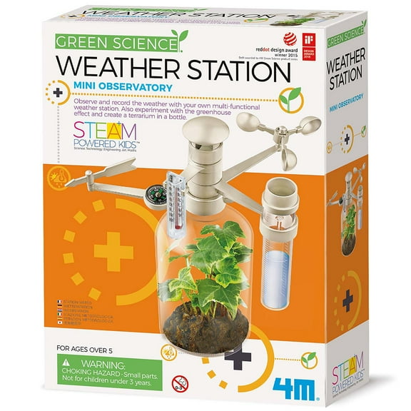 4M: Green Science - Weather Station - DIY Mini Observatory Kit, Observe & Record Wind-Rain-Temperature, Create A Terrarium In A Bottle, STEAM, Kids 5 