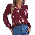 thumbnail image 3 of Blusa de Larga para Mujer, Informal, Elegante, con Estampado de Solapa, Corte Holgado, para Oficina. Vino Tinto M, 3 of 10