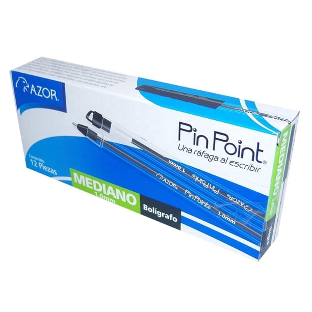 Bolígrafo Azor Pin Point Cuerpo Transparente Negro, Caja con 12 Punta de Aguja 1.0 MM Mediano