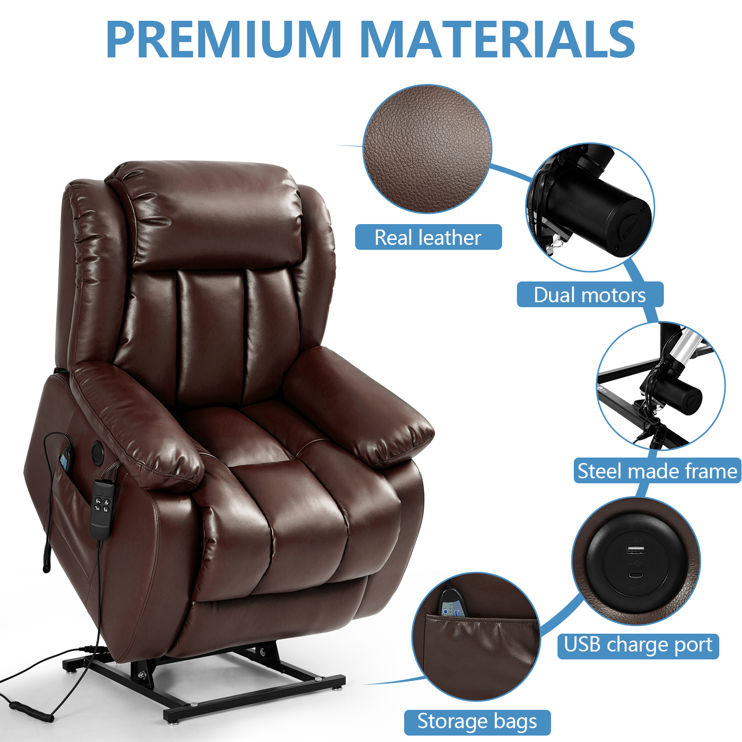 Dual Motor Large Power Lift Recliner Chair with Massage and Heating ...