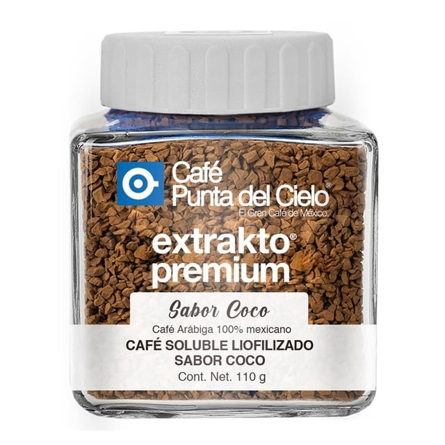 café punta del cielo liofilizado coco 110 g Frasco cuadrado frontal con tapa blanca; gránulos de café soluble color café visibles; etiqueta blanca y azul con logo Punta del Cielo, texto ekstrakto premium y Sabor Coco, cont. net. 110 g. A menudo se usa también para preparar bebidas frías instantáneas con sabor a coco.