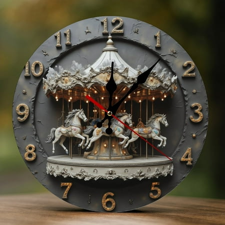 Wall Clock Decorative - Classic Carousel Horses Print 2D Vintage Wall Clocks Battery Operated Silent Non-Ticking for Bedroom, Living Room, Kitchen, Office, Classroom, 10 Inch