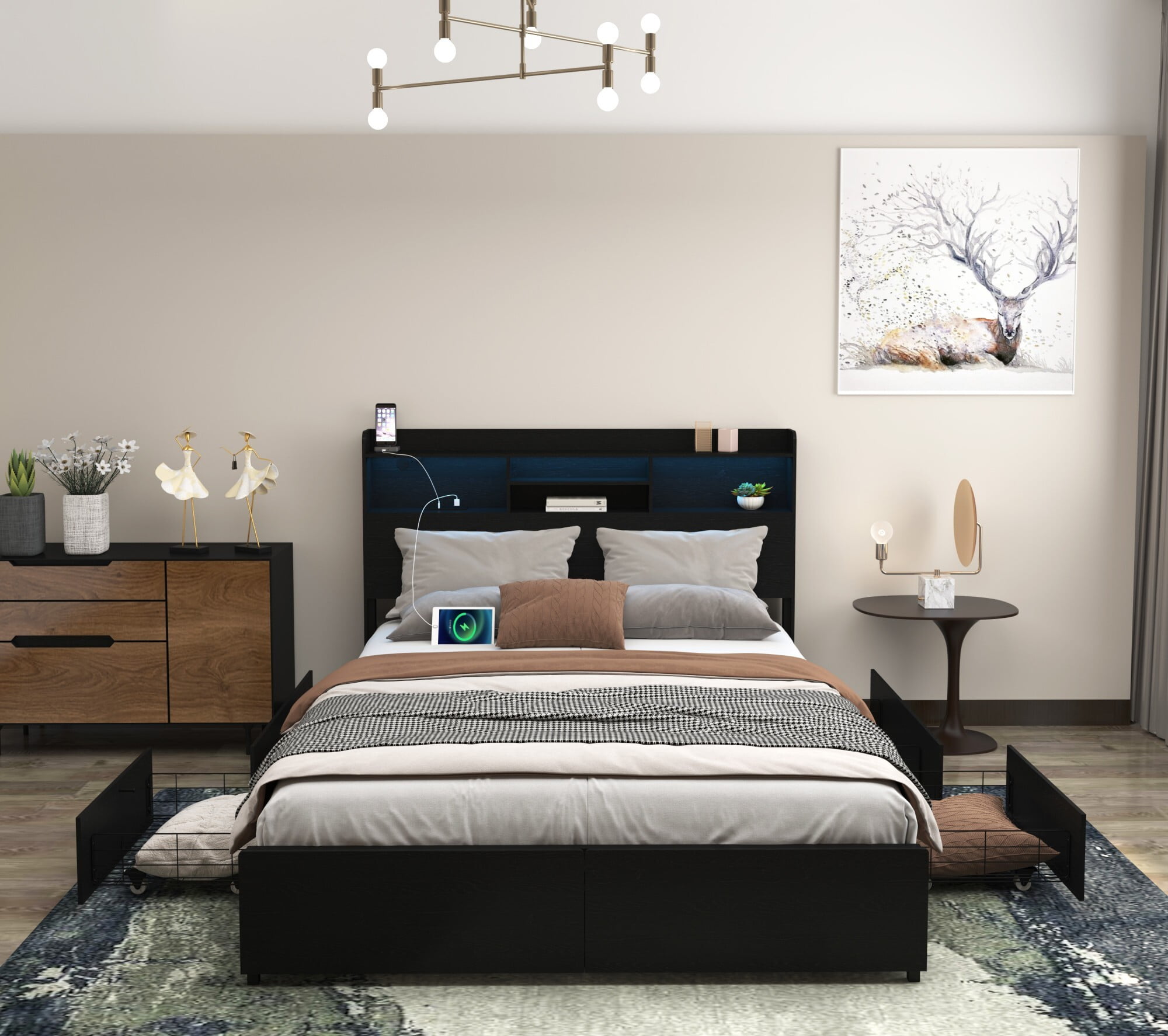AENKYO Full Size Bed Frame with 6 Storage Drawers & LED Lights - Storage Headboard with Charging, Noise-Free, Black