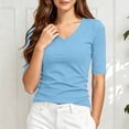 thumbnail image 6 of Uootdi Basic Tops for Women Curved V Neck Mid Sleeve Side Ruched Waist Plain Slim Knit Womens Tees Slim Fit Daily Wear Stretchy Casual Tank Tops for Women, 6 of 8