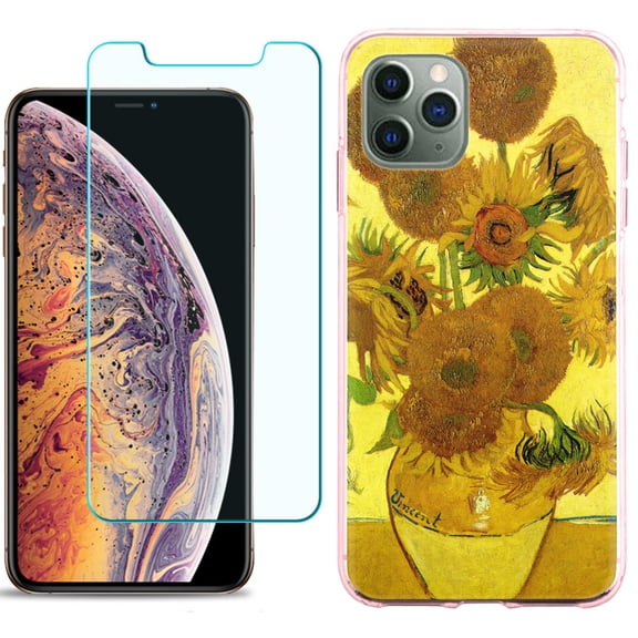 For Apple iPhone 11 PRO Case, Slim-Fit TPU Protective Phone Case (Pink Bezel) with Tempered Glass Screen Protector, by OneToughShield ® - Sunflower