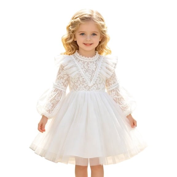 WERYOUNG Girls Lace Dresses Long Sleeved Crewneck Ruffles Netted Formal Gown Back To School Dresses For Girls Kids Breathable Sundress 4 Years