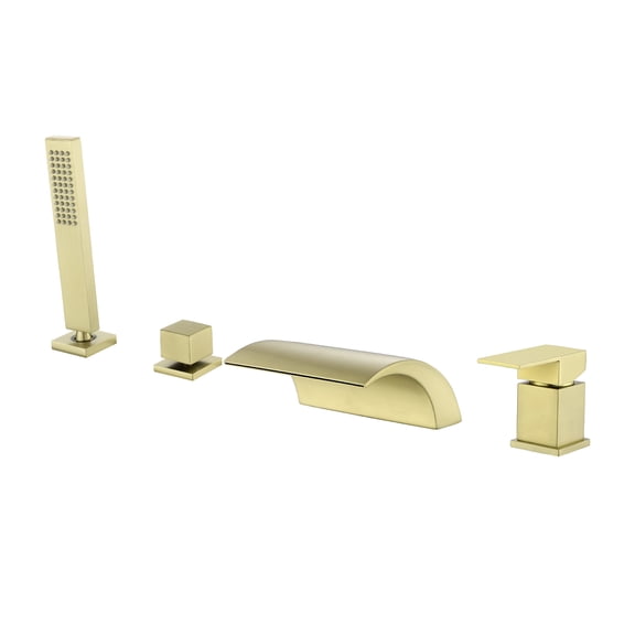Cobbe Single Handle Bathroom Bathtub Faucet with 7.09-Inch Wide Waterfall Spout and Handheld Shower 4-Hole Mount Brushed Gold