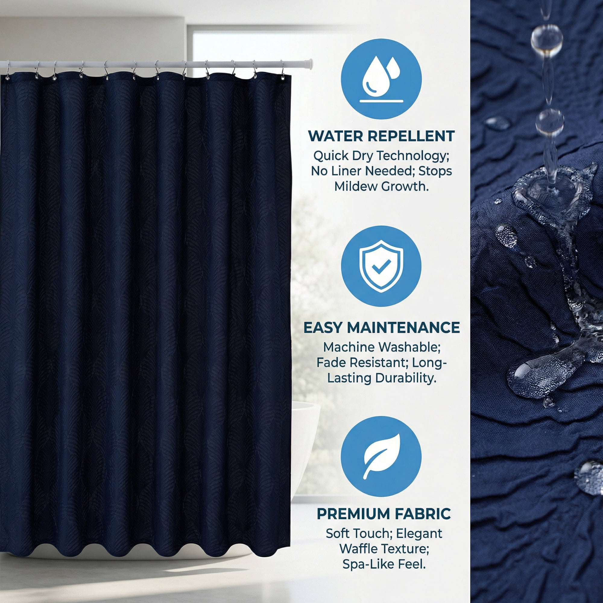 Unique Bargains Waterproof Fabric Shower Curtain Sets Dark Blue - Leaves 71"W x 71"L