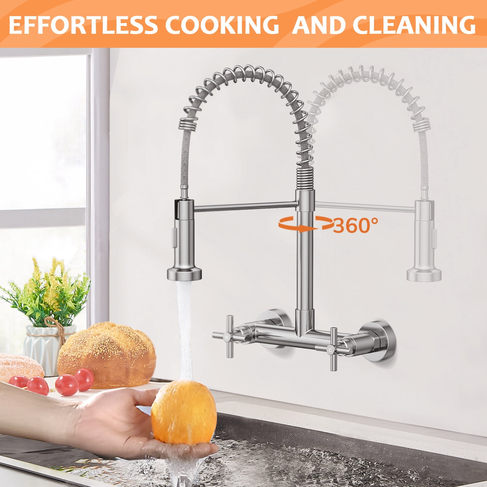 KINGTACK Wall Mount Kitchen Faucet,8 inch Commercial Sink Faucet with Sprayer, Dual Handles Utility Sink Faucet for Kitchen Laundry Restaurant,Stainless Steel, Chrome