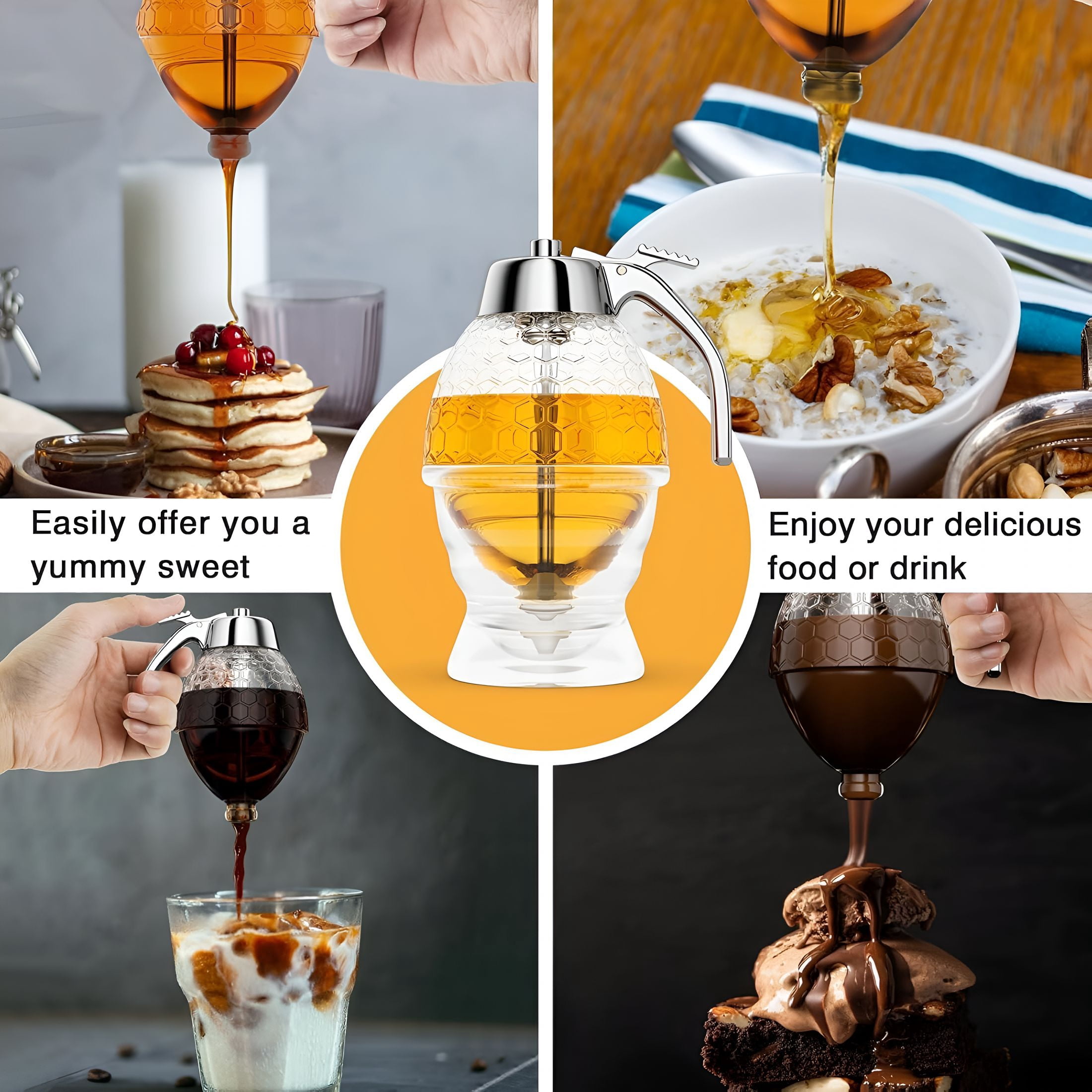ACDANC Honey Dispenser No Drip Glass 8 Oz with Plastic Top,Honeycomb Shaped Honey Jar with Stand - 6" Clear Container,Honey Pot,Maple Syrup Dispenser,Bee Decoration