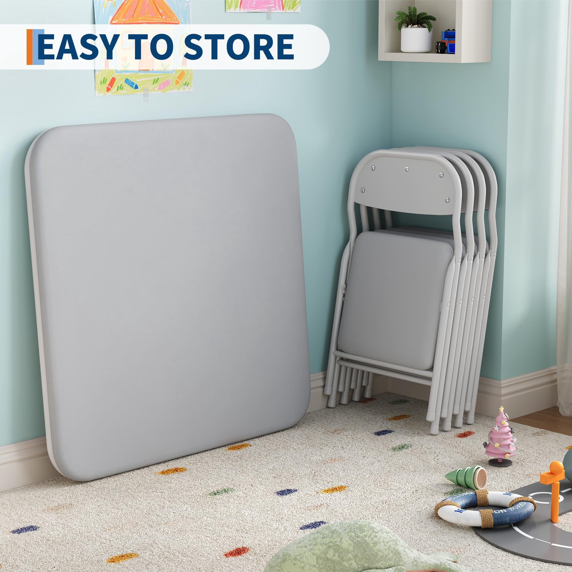 Huisuilinss Kids Folding Table And Chairs,Square Children's Activity Table And Chairs,Kids Table And Chair With Padded Cushion,Metal Folding Activity Table With Chair For Dining Daycare Classrooms