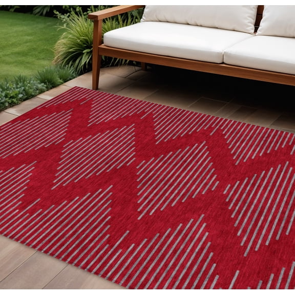 8' X 10' Red And Gray Geometric Washable Indoor Outdoor Area Rug