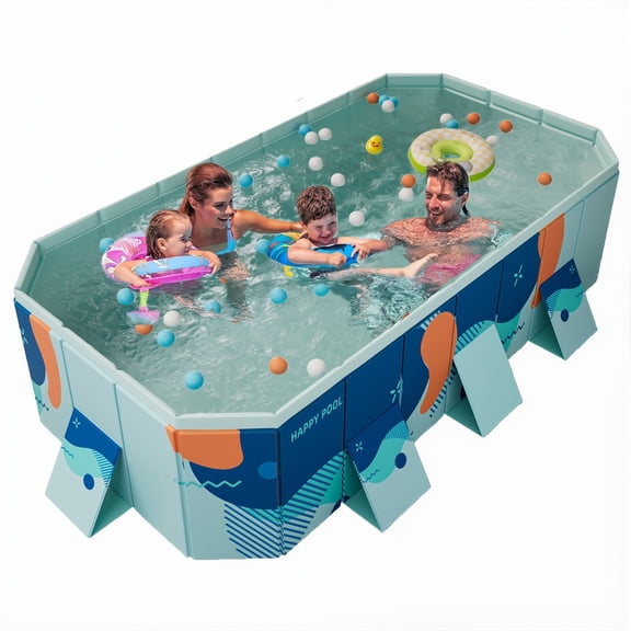 JUANYU 118"Foldable Pool,Family Size 1-8 Person Non-Inflatable Outdoor Swimming Pool,Kids Adults Use,Blue,113"×66"×20"
