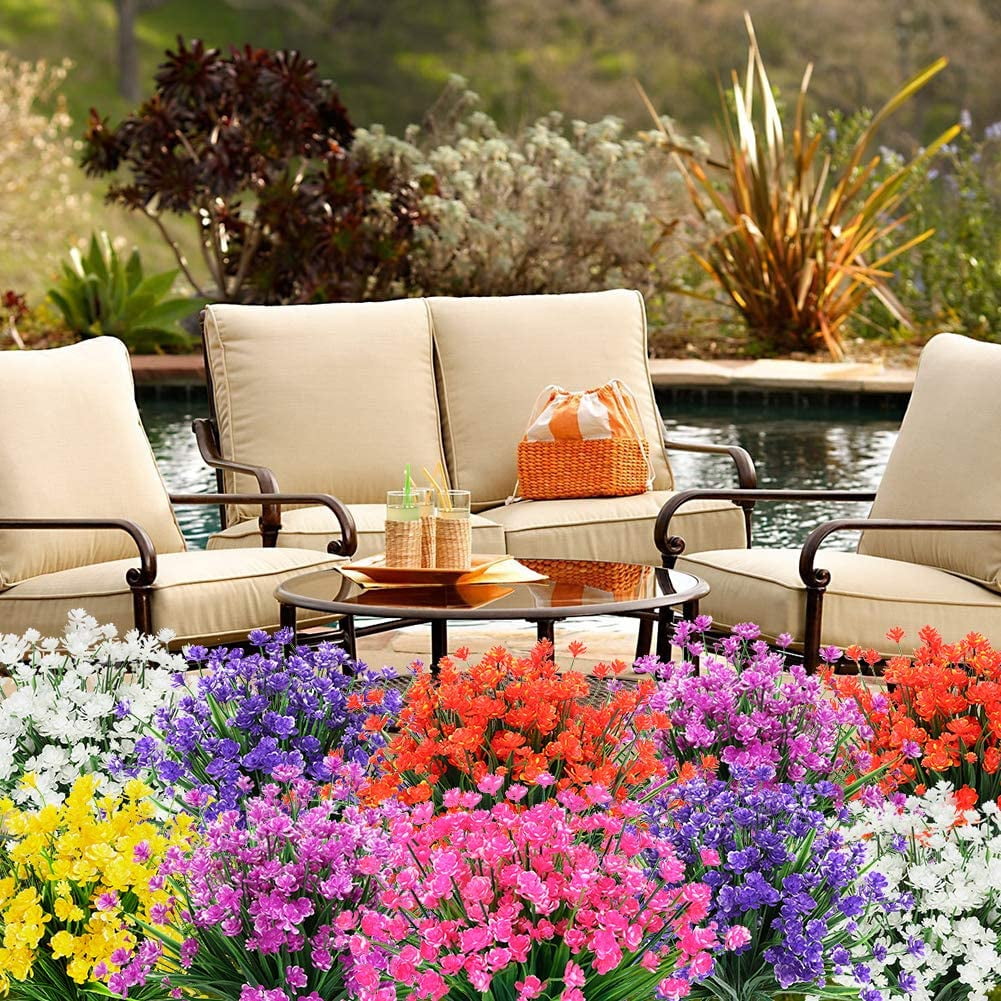 Artificial Outdoor Flowers, Fake UV Resistant Foliage Greenery Faux Plants Shrubs Plastic Bushes for Indoor Outside Hanging Planter Wedding Farmhouse Decor (Pink)