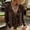 Brown, variant on HaCpiu Women's Solid V-Neck Ruffle Blouse, Casual Loose Long Sleeve Tunic Shirt, Lightweight Flowy Tie-Front Top with Bell Cuffs, Black L