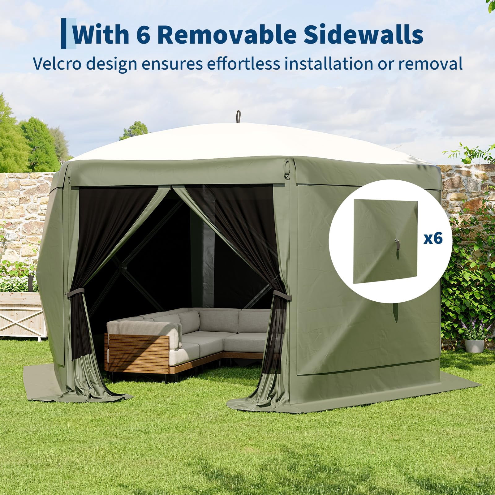 13x13FT 6-Sided Pop Up Canopy Tent，One-Push Setup Canopy Tent with Removable Canopy Top & Wind Cloths, Outdoor shelter for Camping, Backyard Parties, Outdoor Events - Green