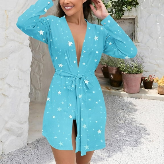 Aboser Long Sleeve Robes for Women Trendy Stars Graphic Sleepwear Plus Size Short Bathrobes Comfy Casual Belted Loungewear Soft Loose Fit Bath Robe Sky Blue XXXXXL