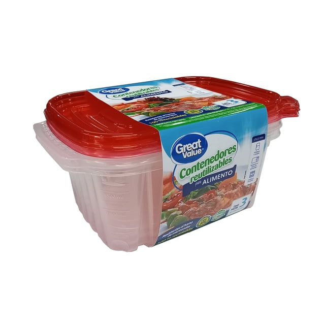 Contenedores para alimentos Great Value reutilizables rectangular 2.2 l 3 piezas