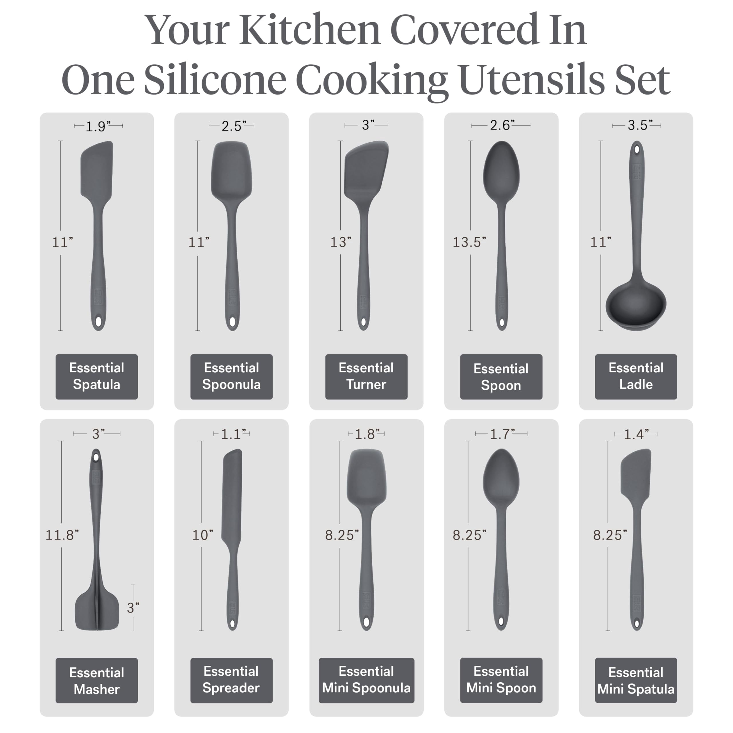 GIR Get It Right 10 Piece Essentials Silicone Cooking Utensils Set Nonstick 425°F Heat Resistant Kitchen Utensils Set for Cooking and Baking, Charcoal