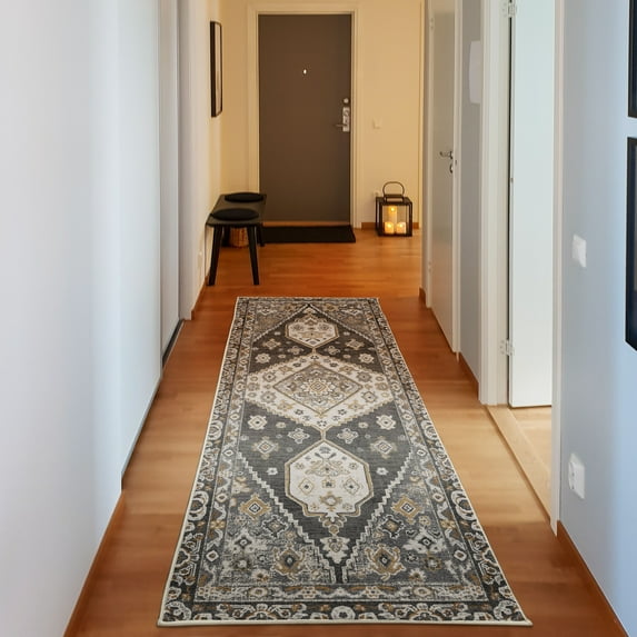 Vintage Decorative Rug, Nostalgic Oriental Look Floral Baroque Details and Ornaments Bohemian Art, Quality Carpet for Bedroom Dorm and Living Room, 6 Sizes, Grey and Mustard, by Ambesonne