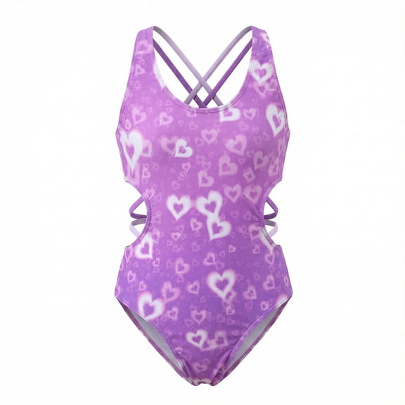 Girls One Piece Swimsuits Girls Bathing Suits Size 10-12 Cute Heart Pattern Purple