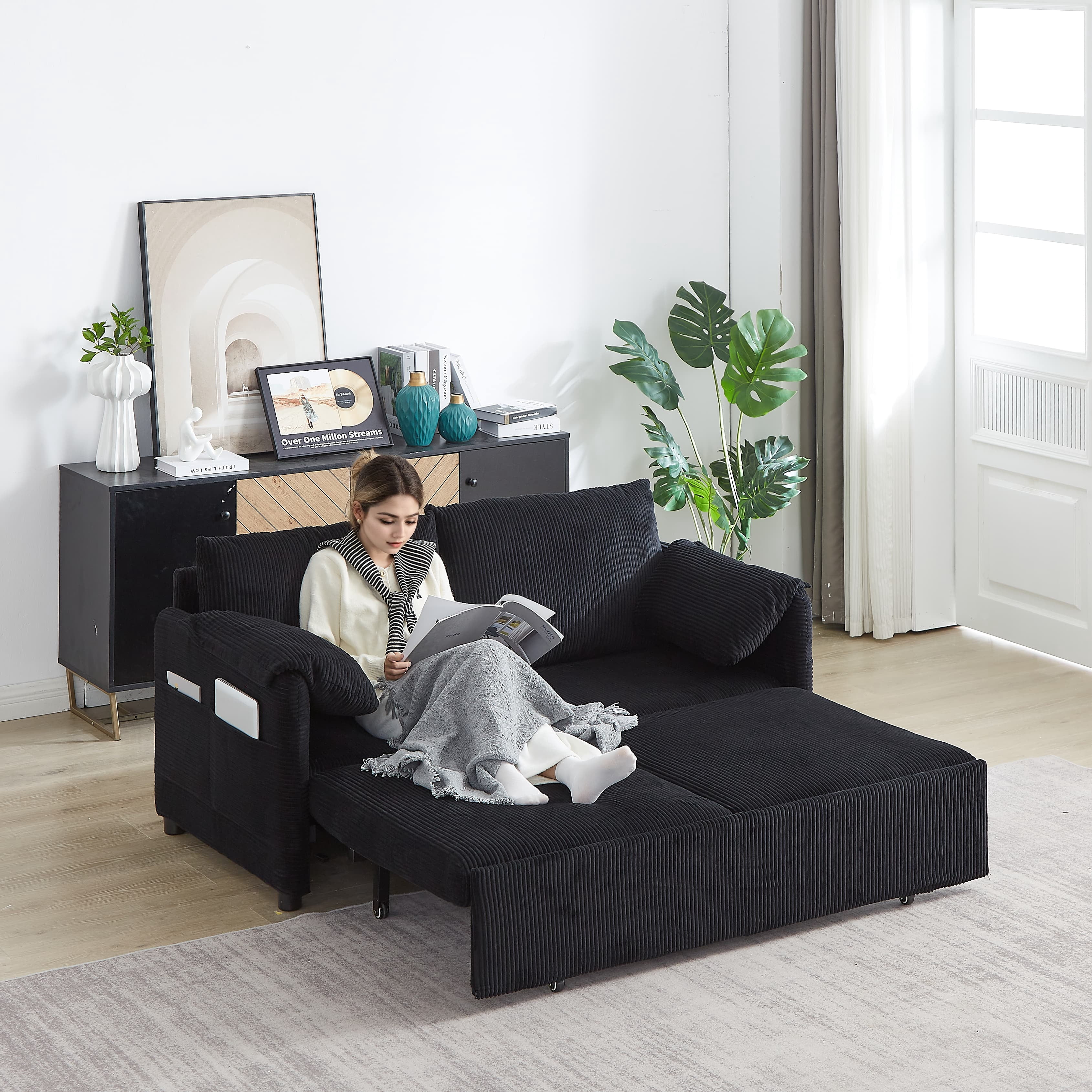 MAYEERTY 64.5 Inch Sleeper Sofa Bed 3 in 1 Adjustable Pullout Bed 2 Pillows Side Pockets Soft Corduroy Convertible Living Room Bedroom Apartment Office