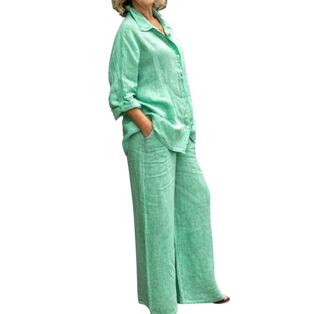 Conjunto de dos piezas de manga larga para mujer: top y pantalones anchos, poliéster, playa/vacaciones - Tallas S-XXXXL