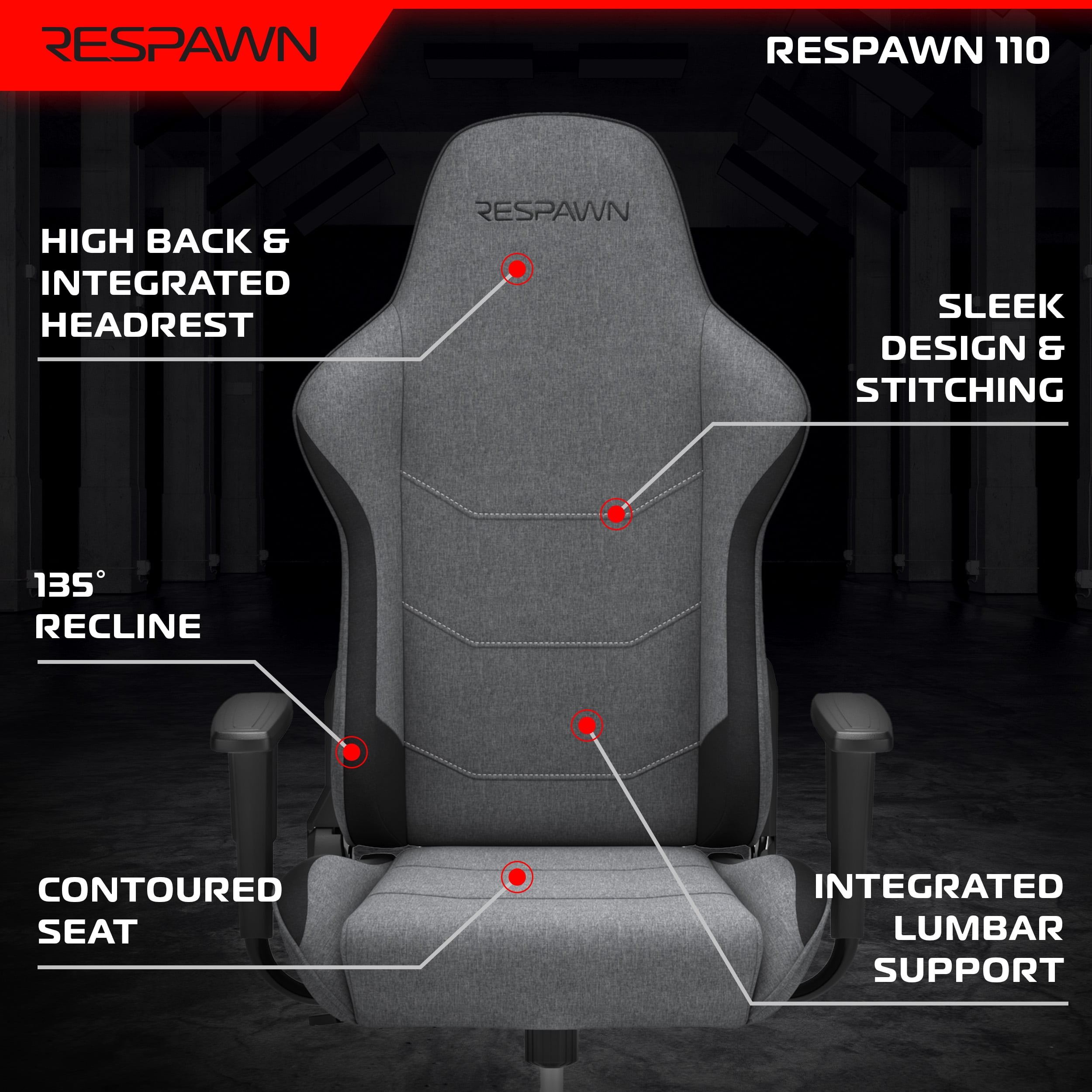 RESPAWN 110 Ergonomic Gaming Chair - Reclining Office Video Game Swivel Chair with Lumbar Support, Headrest, Heavy Duty, High Back, Racing Style Gaming Recliner Seat for Computer Gamer - Gray Fabric