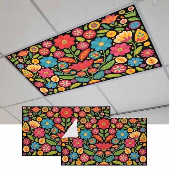 Boho Flower Fluorescent Light Covers, Red Blue Yellow Colorful Mexico Tribal Magnetic Light Covers for Ceiling Lights, Fluorescent Ceiling Shade Filters for Classroom Bedroom Office 4x2Ft x 2PCS