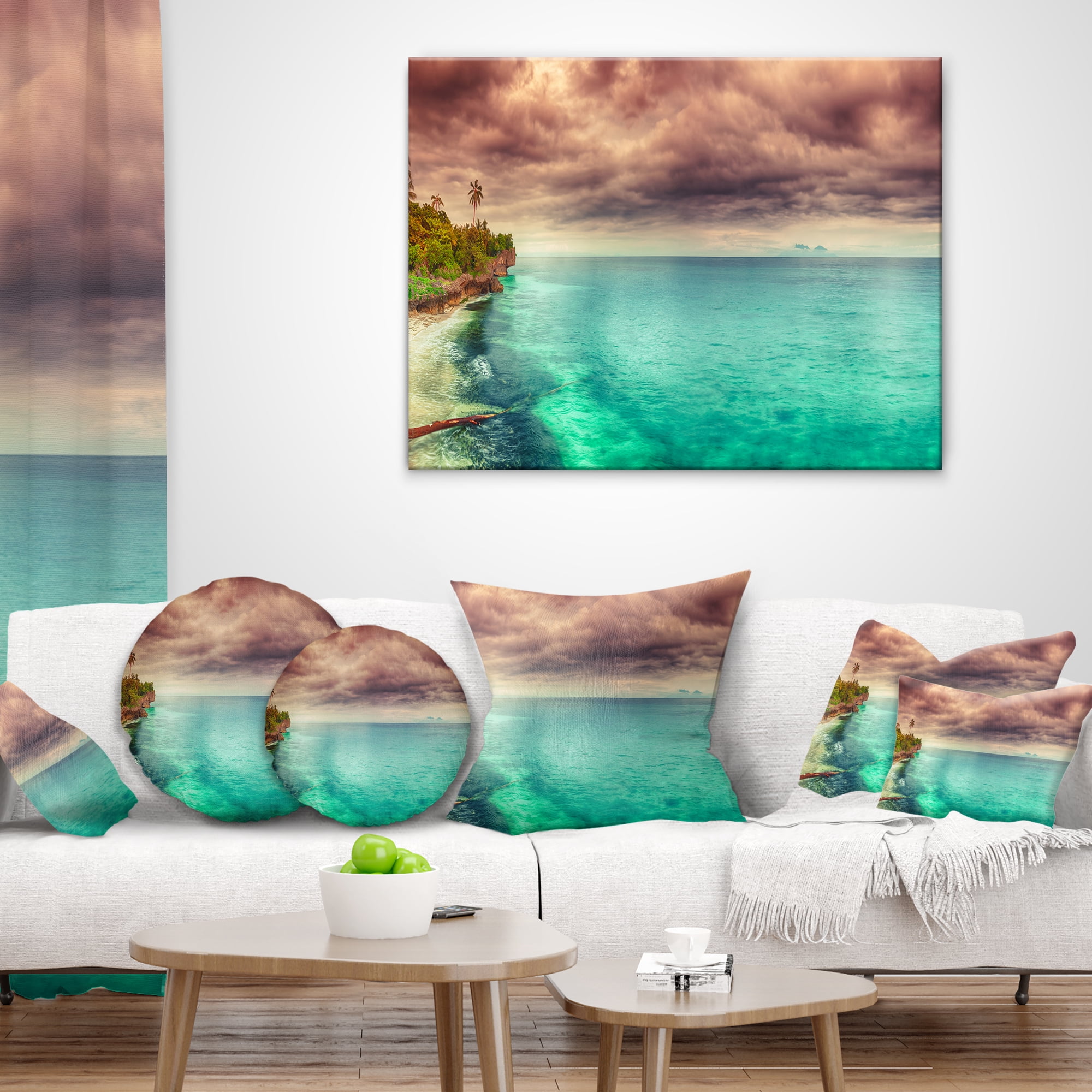 Designart Green Sunset Panorama View - Seascape Photography Throw Pillow - 12x20
