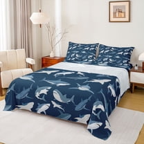 Feelyou Kid Navy Shark Full Size Sheets, Ocean Animal Wildlife Bed Sheets, 4pcs