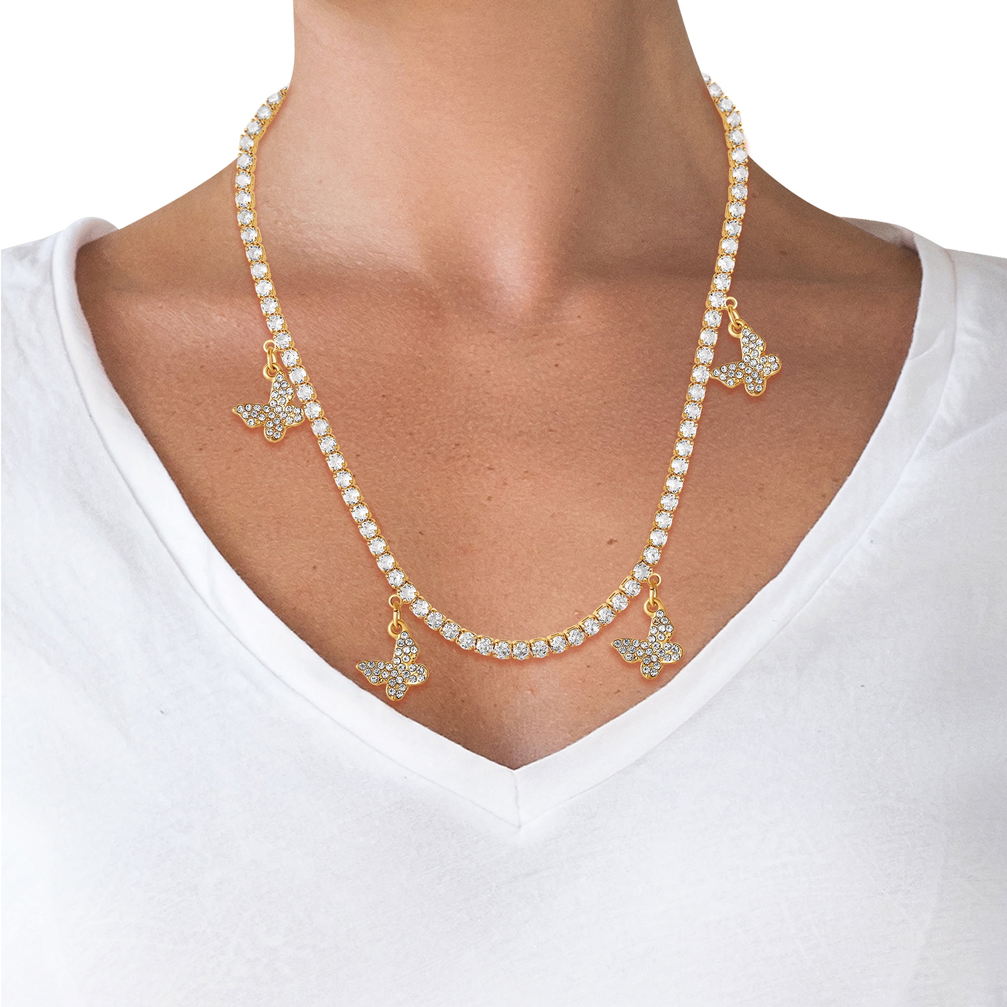 Jessica Simpson Women's Glass Stone Butterfly Dangle Necklace