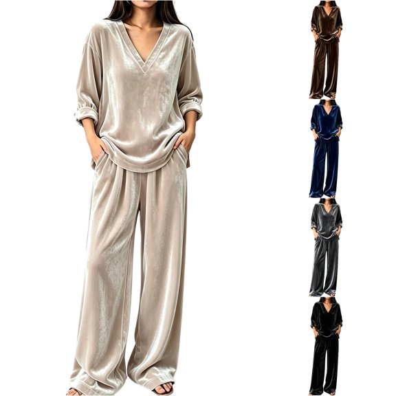 Xijirk Women 2 Piece Velvet Outfit V Neck Long Sleeve Loose Top and Wide Leg Elastic Waist Pants Set for Loungewear Daily Casual Wear,Khaki,S