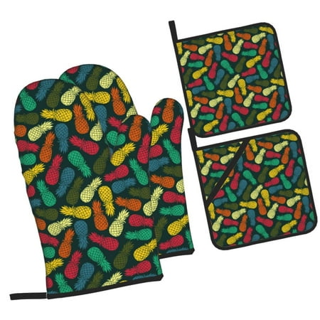 

Haiem Pineapple Fruit Colorful Print Extra Long Oven Mitts and Pot Holders 4pc Sets: Heat Resistant Silicone Oven Mittens with Mini Oven Gloves and Hot Pads Potholders