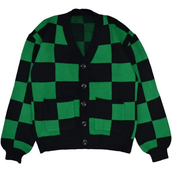 Green Plaid Cardigan Sweater Knit Jacket Top