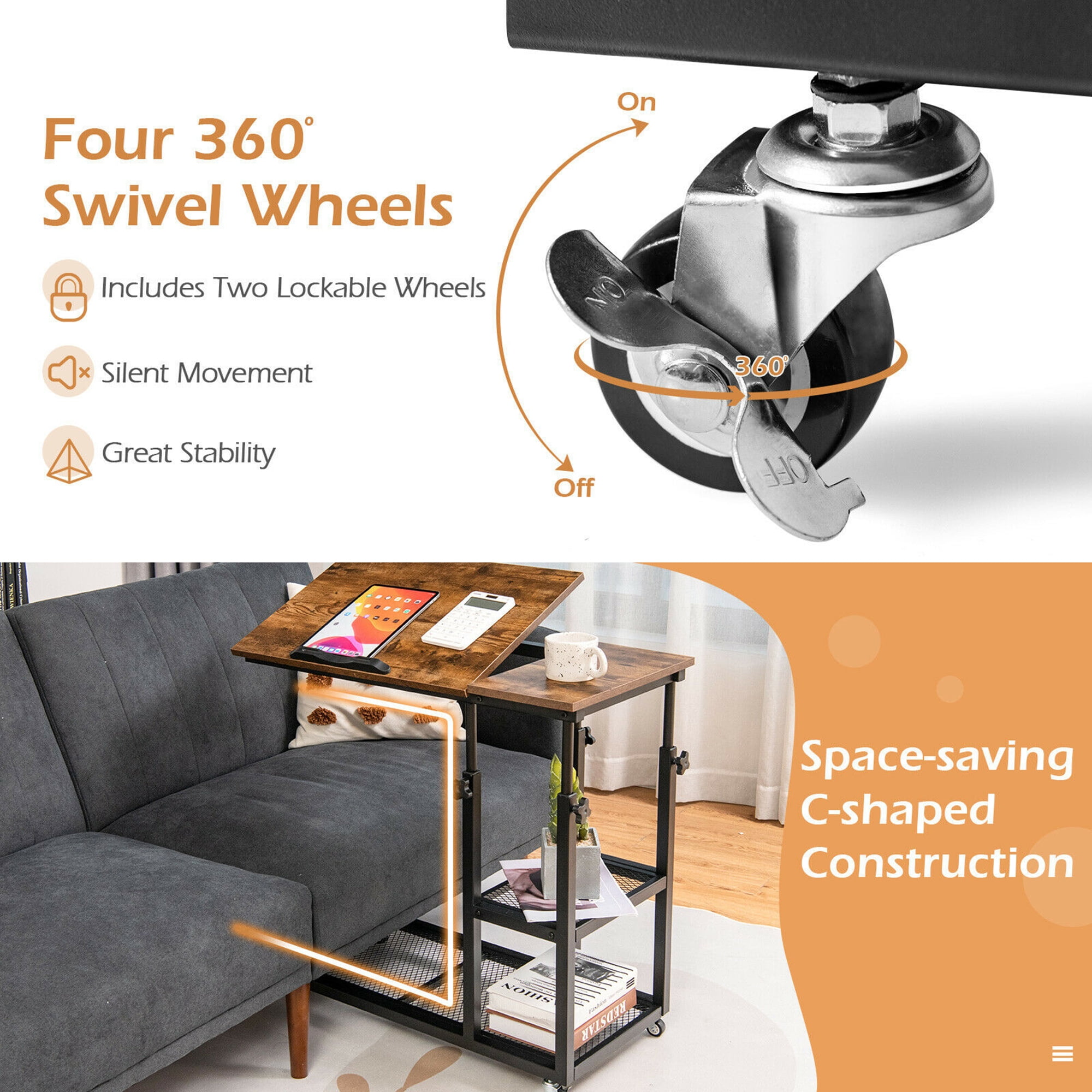 Gymax C Shaped Side Table w/ Wheels Height and Tabletop Adjustable Storage Shelf