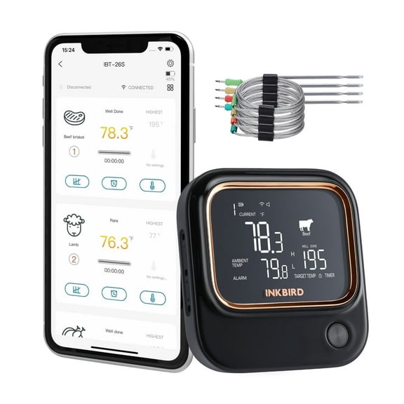 Inkbird 5GHz WiFi & Bluetooth 5.1 Meat Thermometer, Inkbird WiFi Grill Meat Thermometer for Grilling Smoker BBQ Cooking with 4 Probes, IBT-26S Wireless APP Control, Alarm Timer, Backlit LCD, Recharge