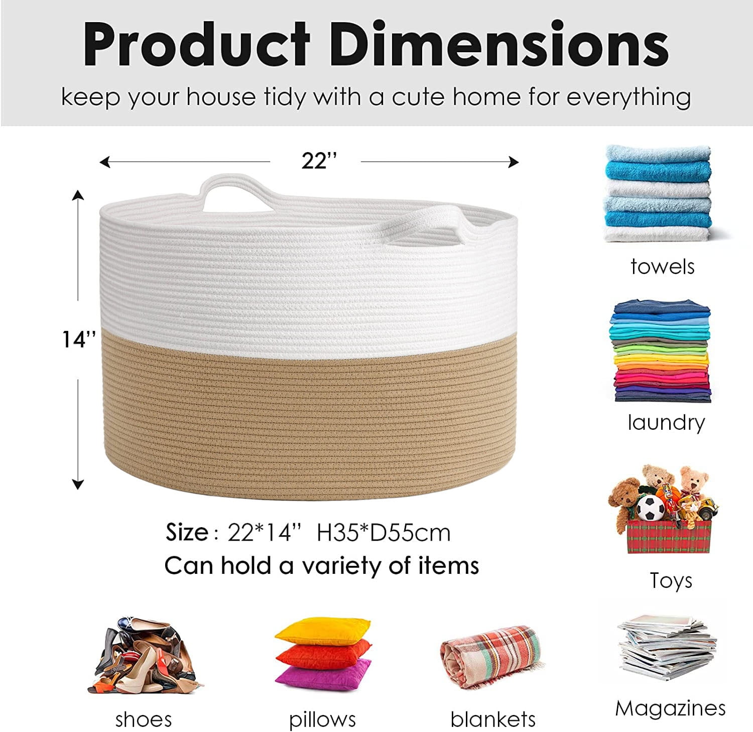 ZFITEI Extra Large Blanket Basket (21.6"x13.7") Woven Rope Baskets Laundry Basket Blanket for Living Room, Laundry, Nursery, Baby Toy, Beige