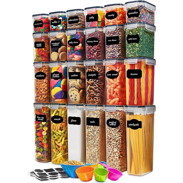 24 Pack Airtight Food Storage Container Set - BPA Free Clear Plastic Kitchen and Pantry Organization Canisters with Durable Lids for Cereal, Dry Food Flour & Sugar - Labels, Marker & Spoon Set