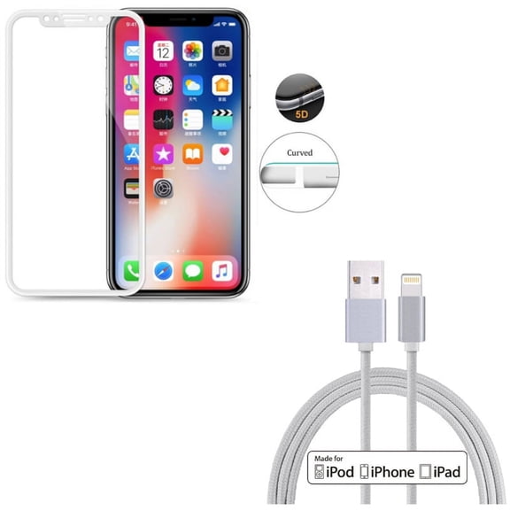iPhone XS/X - Tempered Glass Screen Protector w 6ft MFi USB Cable - 5D Touch Curved Edge Full Cover Bubble Free Case Friendly 9H Hardness, Certified Charger Cord Power Wire Braided Long