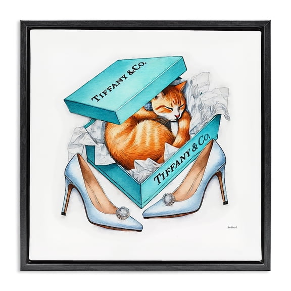 Stupell Industries Eclectic Blue Shoebox with Cat Black Floating Frame Canvas Art, 18 x 18, by Amanda Greenwood