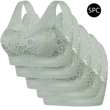 REORIAFEE Push up Bras Women 5 Pack Gathered Together No Wire Bras Solid Brassiere Breathable Wide Strap Comfy Corset Underwear Classic Comfortable Support Lingerie Green M